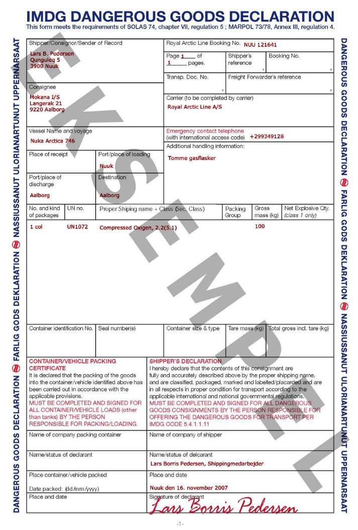 Completed Imo Dangerous Goods Declaration Certify Letter